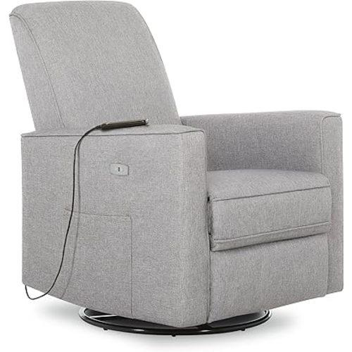 Evolur Harlow Deluxe Upholstered Plush Seating Glide Rocker, Swivel, Power Recliner USB Port with in-Built Massager, Greenguard Gold Certified, Glider Chair for Nursery in Light Grey