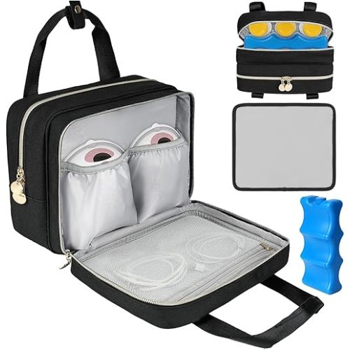 Wearable Breast Pump Bag with Cooler Compartment Compatible with Momcozy M5/S12 Pro, Elvie & Medela Pump in Style, Carrying Case with a Ice Pack & Waterproof Mat for Breast Pump and Accessories, Black
