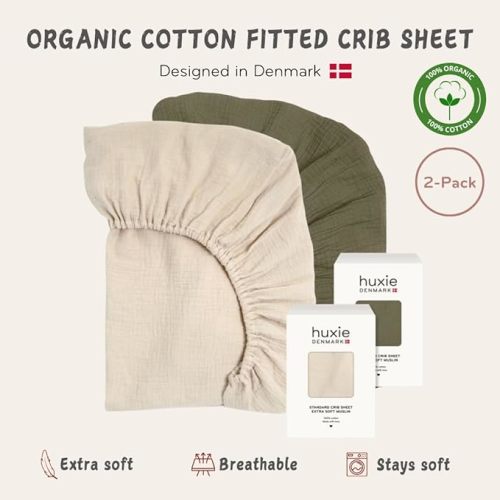 Crib Sheets – Organic Cotton Muslin Fitted Crib Sheet – Standard Size for Baby Boy and Baby Girl 28" x 52" Ultra-Soft and Breathable. 2-Pack (Fog/Sage Green)