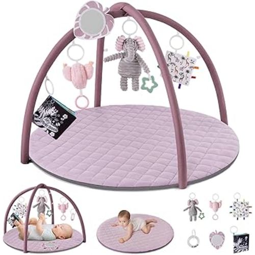 Blissful Diary Baby Play Gym Mat, Tummy Time Mat with 6 Detachable Toys for Stage-Based Sensory & Motor Skill Development, Baby Activity Mat Easy to Install, Baby Essentials Gift, Lavender Pink