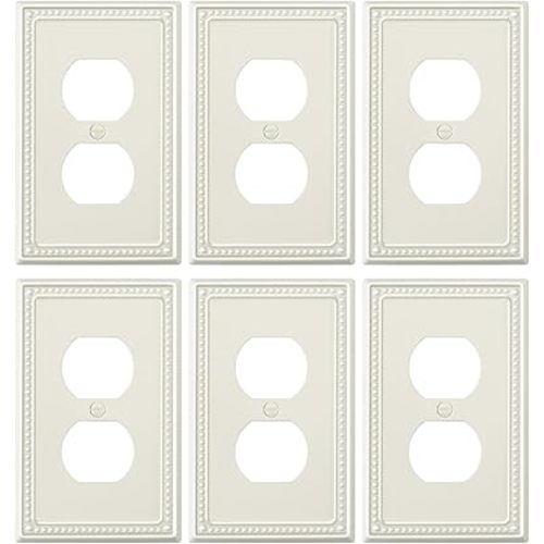 6-Pack Duplex Outlet Cover Plate, Light Almond Metal Wall Plates for Electrical Outlets, 1 Gang Receptacle Light Switch Cover, Pearls Decorative Switch Plates and Outlet Covers