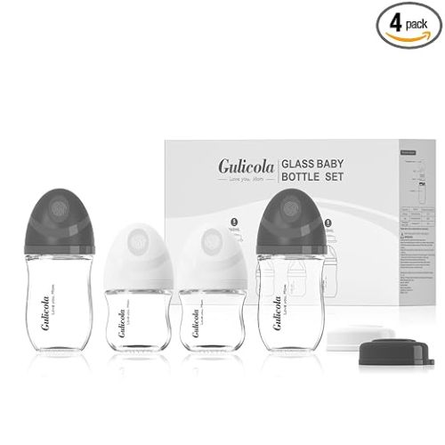 Gulicola Natural Glass Baby Bottles Set 4 Pack, Newborn Boy Breastfeeding Bottles with Slow Flow Nipples, 0 Months+, 3 oz & 5 oz - Black/White