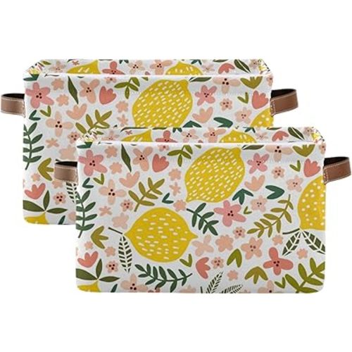 susiyo Large Foldable Storage Bin Beautiful Floral Lemon Fabric Storage Baskets Collapsible Decorative Baskets Organizing Basket Bin with PU Handles for Shelves Home Closet Bedroom Living Room-2Pack