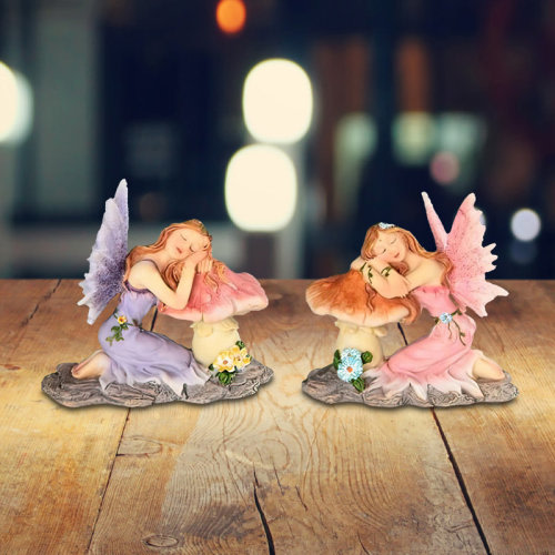 Trinx Joeanna 2-PC Fairy Sleeping on Mushroom 3"H Figurine Unique Gifts | Wayfair