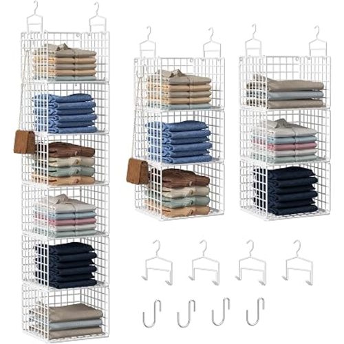 6 Tier Closet Hanging Organizer, Metal Closet Organizers and Storage with 4 Hanging Hooks 4 S-Hooks for Wardrobe Laundry Room, Wire Storage Shelf for Clothes Sweaters Pants (White)