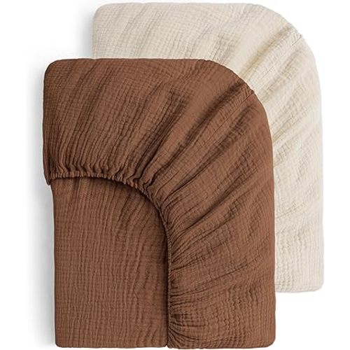 Yoofoss Muslin Crib Sheets for Boys Girls 100% Cotton Fitted Baby Crib Sheet 2 Pack Soft and Breathable for Standard Crib Mattress & Toddler Mattress 52"x28" Apricot&Brown