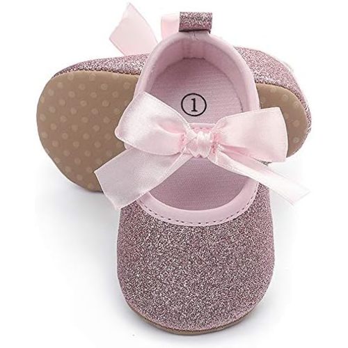 Timatego Baby Girl Mary Jane Flats Lace Bow Non-Slip Soft Sole Newborn First Walker Wedding Princess Party Dress Shoes