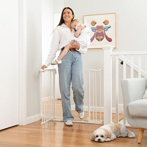 Perma Child Safety Safe Step Baby Gate for Stairs & Doorways, Rental Safe, 2-Minute Easy Install Pressure Mounted Gate, 28.8–40.1" Wide x 30" Tall, Auto Close, Stay Open, Ultra-Low Bar, White