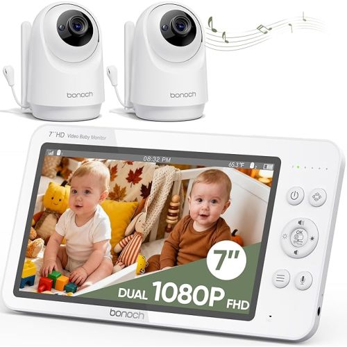 bonoch Upgraded 1080P Baby Monitor with 2 Cameras, 7" MegaView Split Screen Baby Monitor No WiFi, Dual Video Monitor with Camera and Audio, 6000mAh, White Noise, 2 Way Audio, PTZ, Night Vision