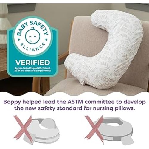 Boppy Nursing Pillow - Ergonomic Bottle & Breastfeeding Pillow with High, Firm, Large Area, Water-Repellent Cushion with Washable Cover; Baby Safety Alliance Verified - Gray Gentle Leaves