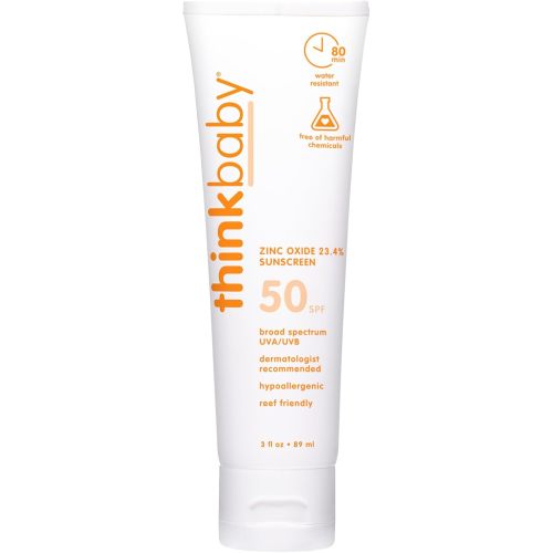 Thinkbaby SPF 50+ Baby Mineral Sunscreen – Safe, Natural Sunblock for Babies - Water Resistant Sun Cream – Broad Spectrum UVA/UVB Sun Protection – Vegan Baby Sunscreen Lotion, 3 Oz.