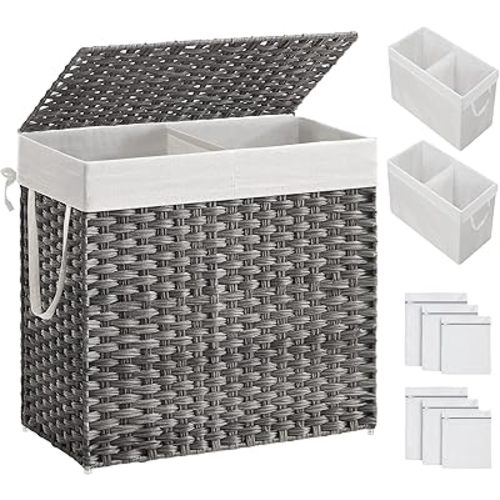 SONGMICS 130L Clothes Hamper with Lid, 2 Removable Liner Bags, 6 Mesh Bags, Wicker, Double Laundry Basket for Bathroom, 13 x 26 x 23.6 Inches, Gray ULCB253G01