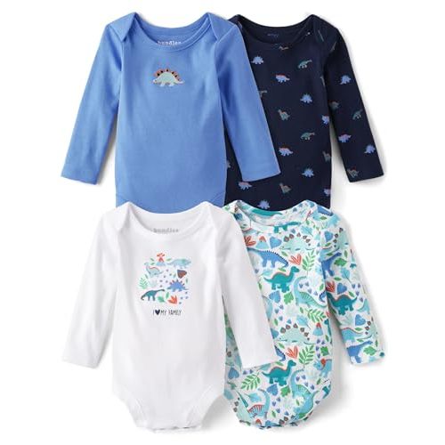 The Children's Place Baby Boy's and Newborn Long Sleeve Bodysuits, Spring Dino 4 Pack