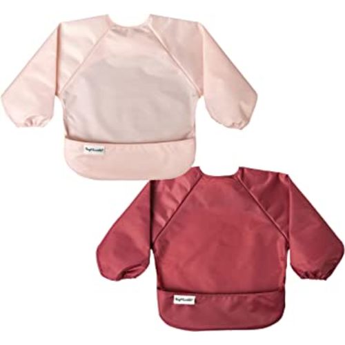 Tiny Twinkle Mess Proof Baby Bibs, 2pk Waterproof Smock Baby Bibs for Eating, Machine Washable Long Sleeve Bibs, Baby Led Weaning, Toddler Bibs, BLW Supplies (Rose Burgundy, Small 6-24 Months)