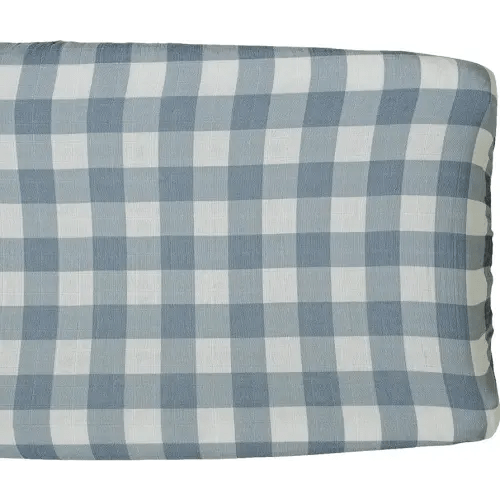 Mebie Baby Changing Pad Cover, Dusty Blue Gingham, 100% Muslin Cotton Changing Table Pad Cover for Boy and Girl, Designer Nursery Decor Covers, Diaper Changing Pad Cover for Changing Station