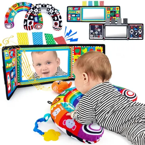 2-in-1 Tummy Time Pillow, Baby Musical Mirror Toys with Crinkle Paper & Teethers, Black and White High Contrast Baby Toys, Montessori Sensory Crawling Toys for Newborn Toddler Tummy Time Toys