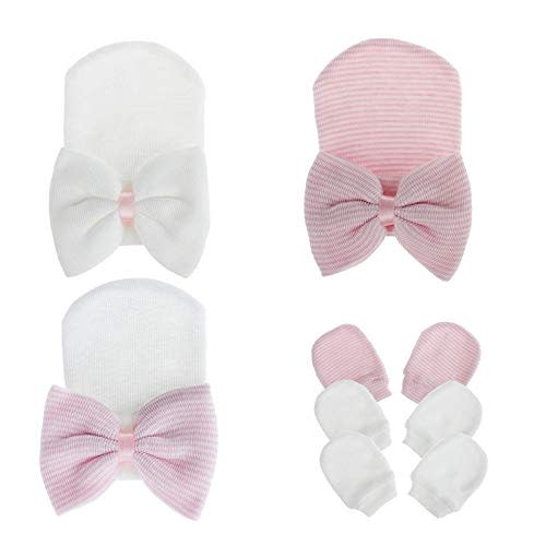 Newborn Hospital Hats and Mittens- pink and white