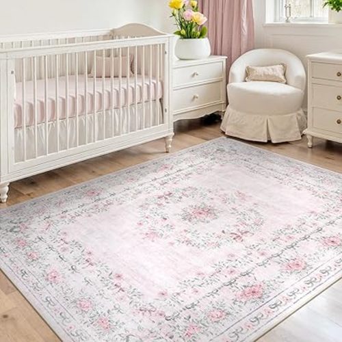 Wonnitar Floral Bow Pink Rug for Bedroom, Washable 5x7 Area Rug for Girls Nursery, Ultra-Thin Non Slip Soft Boho Carpet for Kids Room Dorm Living Room, Light Pink