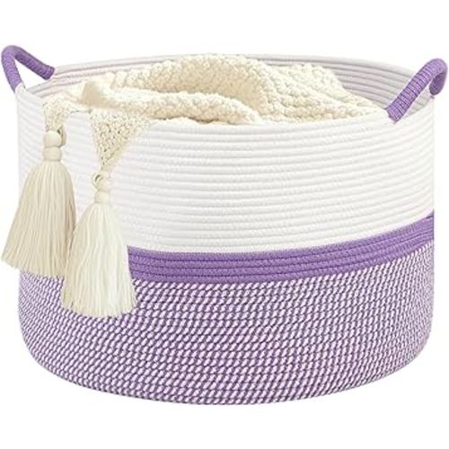 Large Cotton Rope Storage Basket, 20''x13'' Woven Laundry Hamper for Living Room, Nursery, Toys, Blanket Organization with Handles (White and Purple)