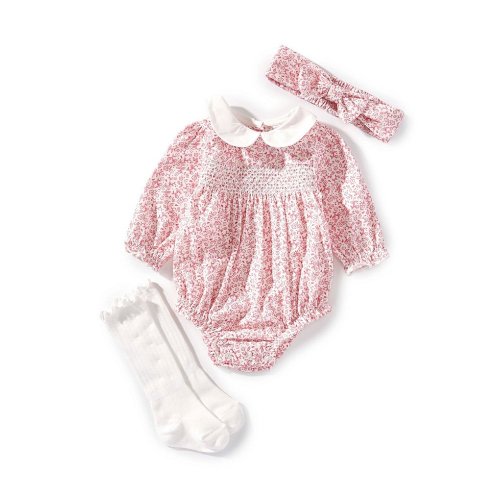 Little Me Baby Girls Floral Woven Bubble Outfit & Matching Pink Floral Headband & Coordinating Socks Set