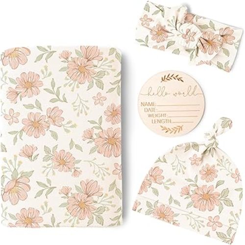Konssy Baby Girl Newborn Receiving Blanket with Matching Headband and Beanie Set Baby Swaddle Nursery Swaddle Wrap