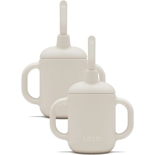 Lalo Little Cup 2-Pack, Non-Toxic Silicone Straw Cup with Handles - Baby and Toddler Sippy Cup - Mini Cup and Straw Training System, 4oz, Oatmeal