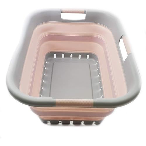 SAMMART 41L Collapsible Plastic Laundry Basket - Foldable Pop Up Storage Container/Organizer - Portable Basket - Space Saving Hamper/Basket (3 handled rectangular, Grey/Pink)