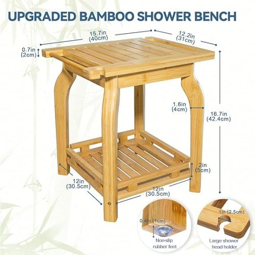 2-Tier Bamboo Shower Bench for Inside Shower Shaving Legs, 16 Inch Waterproof Bathroom Bench Shower Stool with Storage Shelf, Safe & Stable for Seniors Adults Disabled Women - Medium