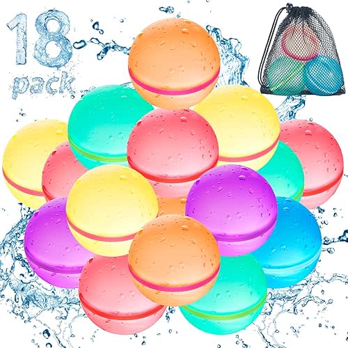 18 Pack Reusable Water Balloons Pool Toys - Outdoor Toys for Kids Summer Party Water Toy Quick Refillable Self-Sealing Water Splash Magnetic Water Balloons for Boys Girls Adults (Colorful-18Pack)