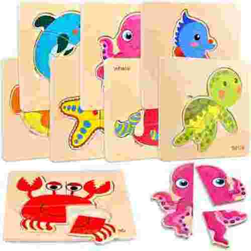 8Pcs Wooden Puzzles for Toddlers 1-3, Sea Animal Puzzle for Kids, Montessori Toys for 1-3+ Years Girl Boy,