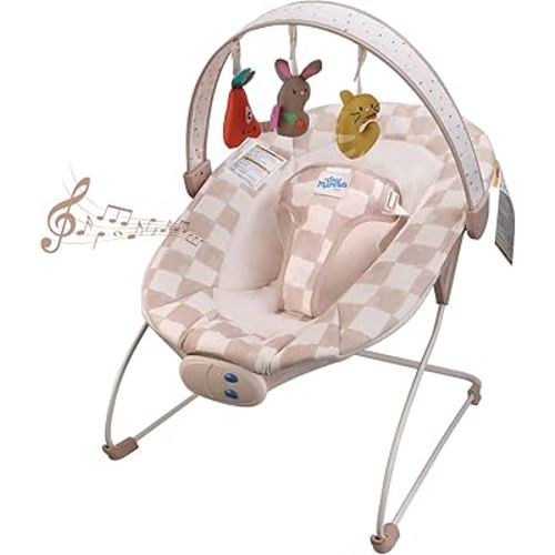Baby Bouncer – Baby Bouncer seat, Infants Bouncy Seat with Music & Sensory Toys, Compact & Machine Washable Seat Pad Indoor Infant Seat, Ideal for Newborns 0-6 Months, Max Weight 20lbs (Sand Checks)