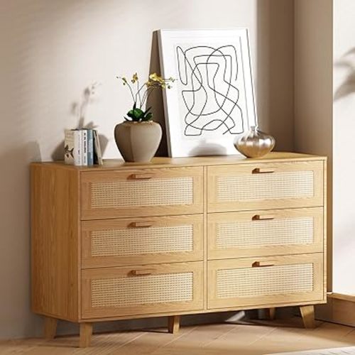 Wide Rattan Dresser, 6 Drawer Dressers Bedroom Furniture Large Storage Tower Unit, Wood Chest of Drawers for Bedroom, Closet,Hallway