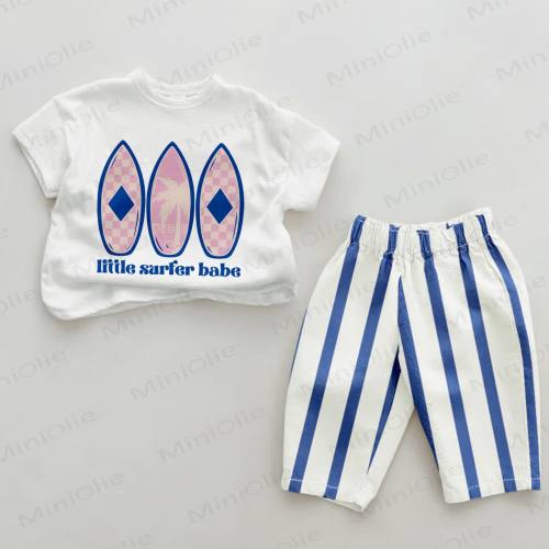 LITTLE SURFER BABE Baby Blue Vertical Striped 2-piece Set