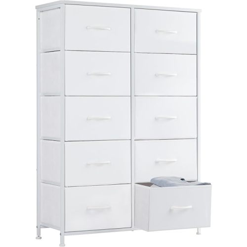 Sweetcrispy 10 Drawer Fabric Dresser Tall Chest Storage Organizer Tower with Cabinet Metal Frame and Wood Top Lightweight Nursery Closet Furniture for Bedroom,Cream White
