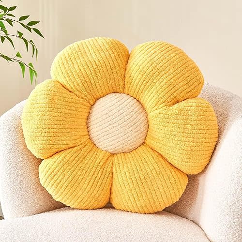 Soft Yellow 14.9" Flower Pillow for Home Decor, Cute Shaped Floor Pillow, Plush Decorative Pillow for Bed, Sofa, Couch