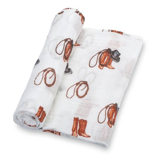 LollyBanks Cowboy Boot, Hat, and Rope Western Baby Muslin Swaddle - 100% Cotton, 47"x47" - Rodeo-Ready Baby Wrap