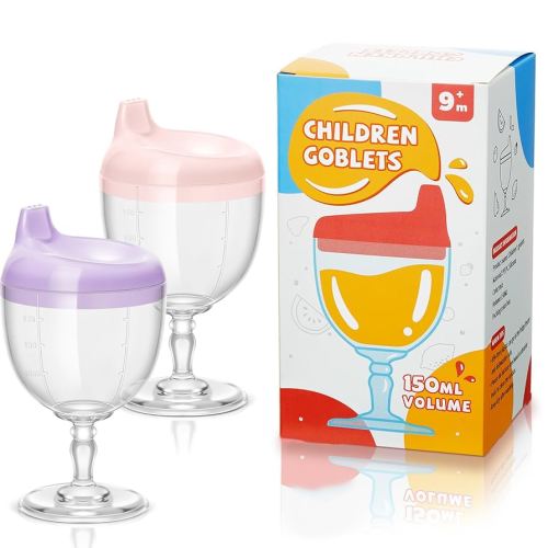 Irenare 2 Pcs Baby Wine Sippy Cup Plastic Goblet Cup No Spill Wine Glass Baby Sippy Goblet Glass Beverage Mug Milk Bottle with Lid for Kids (Pink,Purple)