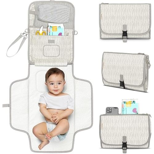 KeaBabies Portable Diaper Changing Pad, Travel, Car - Large Waterproof Baby Changing Mat, Wipeable, Padded, On The Go Travel Diaper Clutch Bag, Easy to Use Pockets for Newborn Essentials (Prism)
