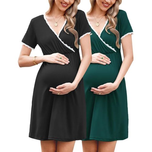 Ekouaer Nursing Nightgown 2 Packs Delivery and Labor Gown for Hospital Short Sleeve Maternity Breastfeeding Dress