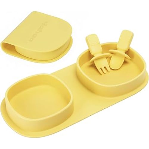 Toddler Plates Travel Essential on the go,Baby Plates with Forks and Spoons Self Feeding 6 months,Foldable,Silicone,BPA Free,Lemon