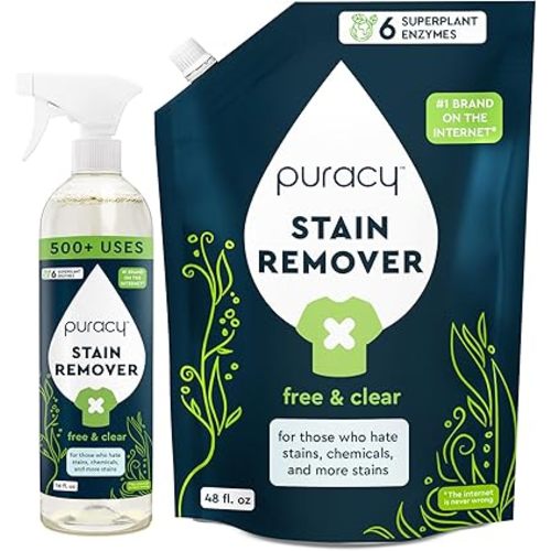 Puracy Stain Remover Cleaning Spray - Enzyme-Powered Stain Remover Spray As Seen on TikTok, Natural Travel Stain Remover for Clothes (Free & Clear, 48 fl oz + 16 fl oz)