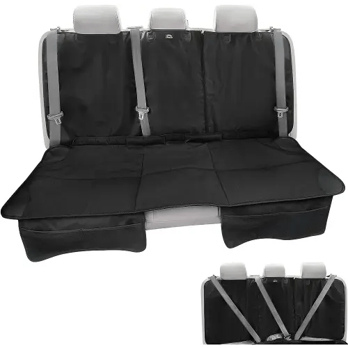 Car Seat Protector, Under Child Car Seats Cover | Waterproof, 3 Functional Rear Belts, Baby Carseat Cushion, Covers Fabric and Leather Seats | 4Pockets Non-Slip Thick Padding