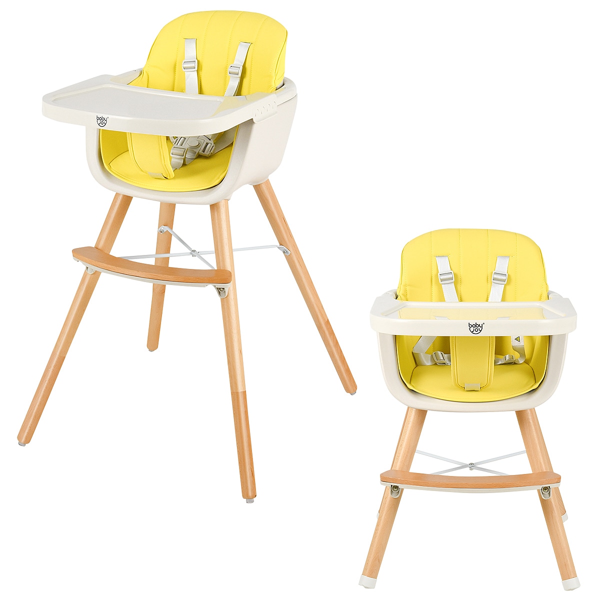 3 in 1 Convertible Wooden High Chair Baby Toddler Highchair w/ Cushion - Yellow