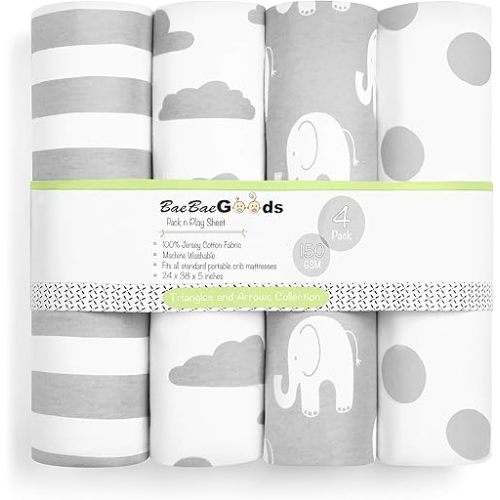 Pack n Play Sheets – Premium Pack and Play Sheets 4 Pack – 100% Super Soft Jersey Knit Cotton Playard Mattress Sheets – Portable Playpen Fitted Play Yard Mini Crib Sheet For Boy & Girl (24 x 38 x 5)