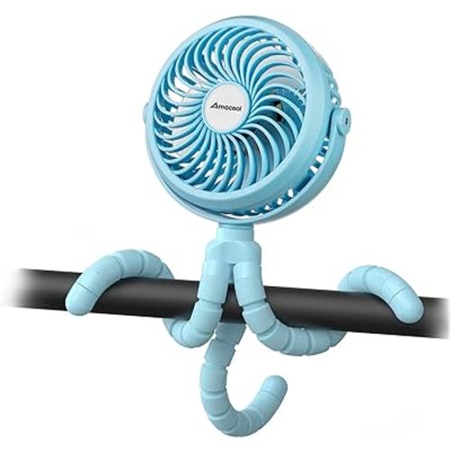 AMACOOL Battery Operated Stroller Fan Flexible Tripod Clip On Fan with 3 Speeds and Rotatable Handheld Personal Fan for Car Seat Crib Bike Treadmill (Blue)