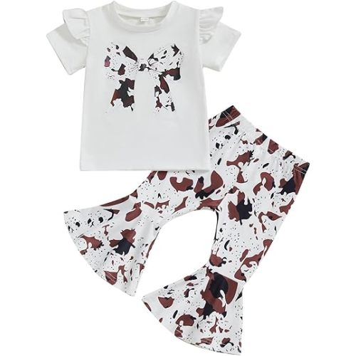 Western Baby Girl Clothes Bow Boots Short Sleeve Shirt Cow Print Flared Bell Bottom Pants 2Pcs Summer Cowgirl Outfit
