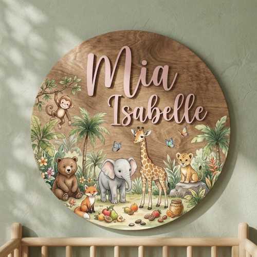 Personalized Safari Nursery Name Sign, Round Wood Baby Name Sign, Boho Safari Decor, Forest Animal Nursery, 3D Wooden Name Plaque