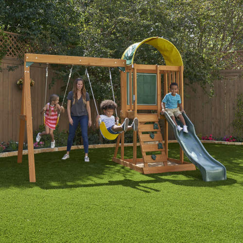 KidKraft Ainsley Wooden Playhouse Playground Combo Swing Set for Backyard