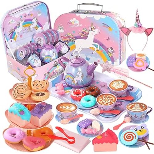55Pcs Tea Party Set for Little Girls, Princess Tea Party Set, Unicorn Kid Tin Tea Set,Kids Kitchen Pretend Toy, Toddler Tea Party Set for Girl 3-5, Tea Party Easter Birthday Gift for 4 Year Old