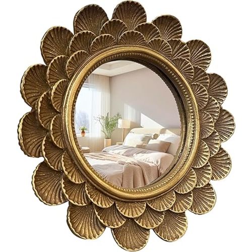 Vintage Vanity Makeup Desk Mirror，Antique Traditional Roundness Table Mirror Vintage Gold， for Dressing Table,Bedroom, Bathroom,Tabletop,Antique, 6.7" x 6.7"